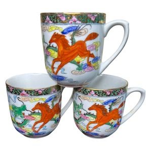 Vintage Hand-painted Decoration Dragon Fish Floral Golden Ring Chinese Tea Cups